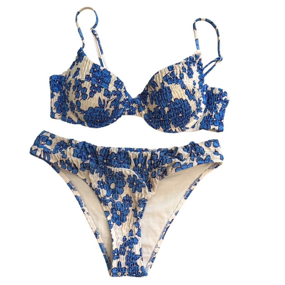 Triangl Nicola Royal Blue White Floral Smocked Underwire Pop Bikini Set Small